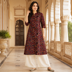 Women's Red Bird Print Cotton A-Line Kurta