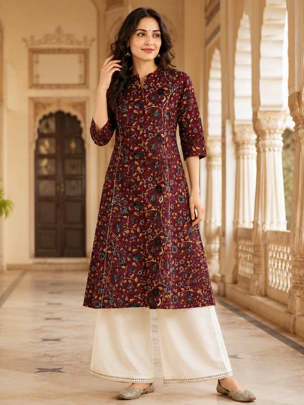 Women's Red Bird Print Cotton A-Line Kurta