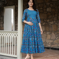 Women's Cotton Floral Maternity Feeding Dress with Zipper