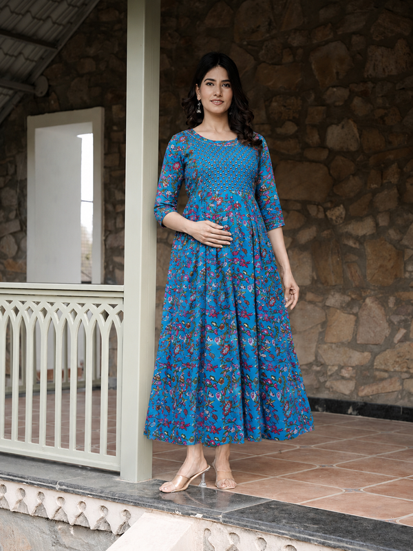 Women's Cotton Floral Maternity Feeding Dress with Zipper