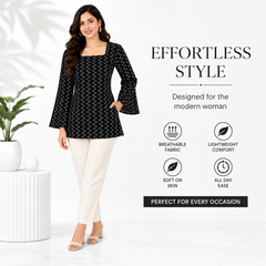 Black Bandhani Print Square Neck Short Kurti for Women