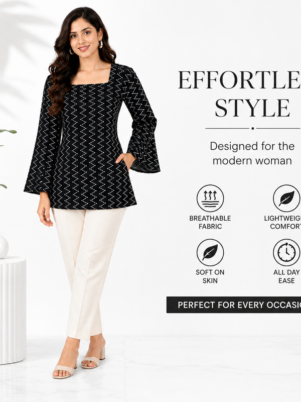 Black Bandhani Print Square Neck Short Kurti for Women
