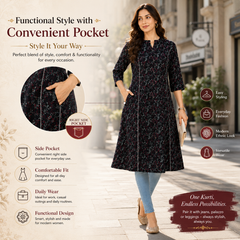 Women's Blue & Gold Floral Print Cotton A-Line Kurta