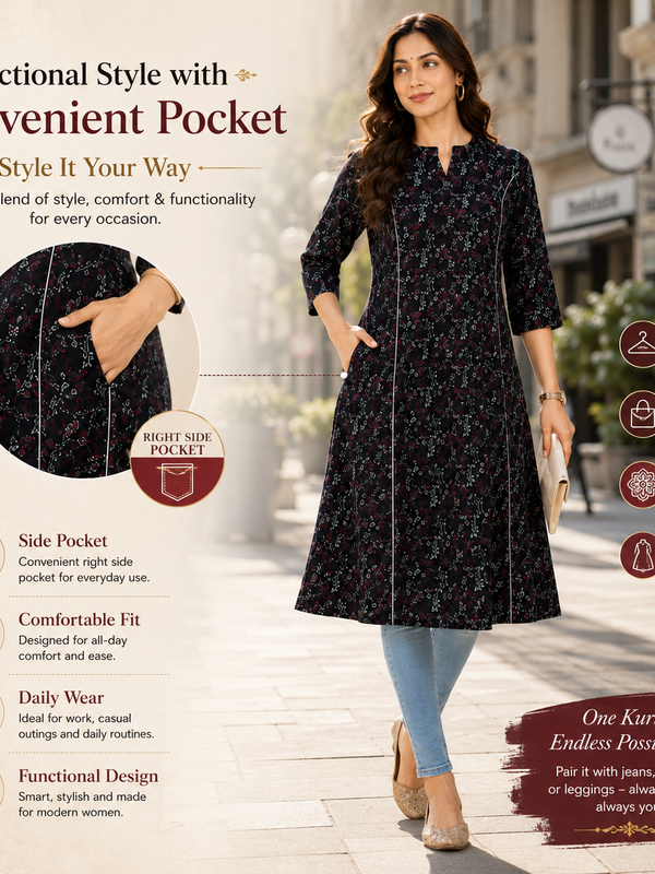 Women's Blue & Gold Floral Print Cotton A-Line Kurta