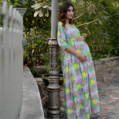 Women's Cotton Multicolor Floral Maternity Feeding Dress with Zipper