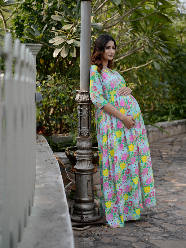 Women's Cotton Multicolor Floral Maternity Feeding Dress with Zipper