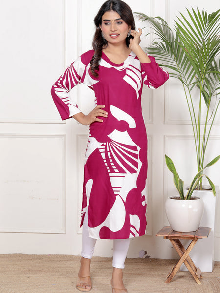Women's Fuchsia Floral Print Cotton V-Neck Straight Kurta
