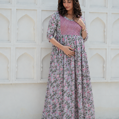Women's Cotton Grey Floral Maternity Feeding Dress with Zipper