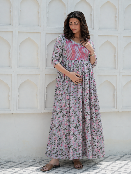 Women's Cotton Grey Floral Maternity Feeding Dress with Zipper