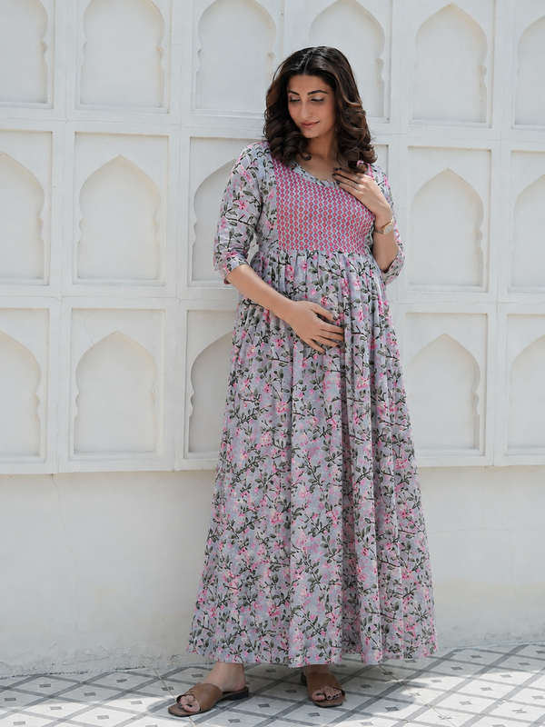 Women's Cotton Grey Floral Maternity Feeding Dress with Zipper