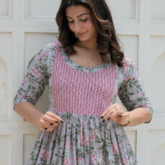 Women's Cotton Grey Floral Maternity Feeding Dress with Zipper