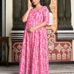 Women's Cotton Pink Floral Maternity Feeding Dress with Zipper
