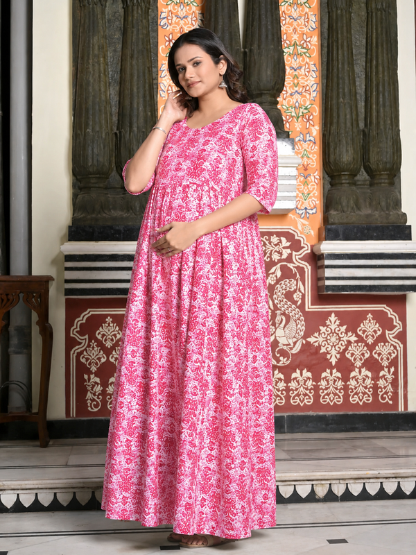 Women's Cotton Pink Floral Maternity Feeding Dress with Zipper