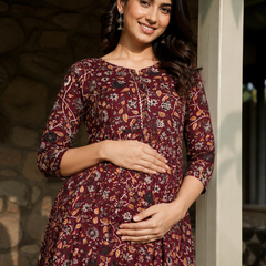 Women's Red Cotton Floral Maternity Feeding Dress with Zipper