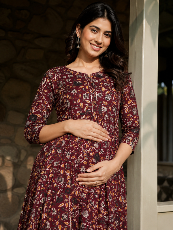 Women's Red Cotton Floral Maternity Feeding Dress with Zipper