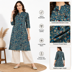 Women's Blue Bird Print Cotton A-Line Kurta