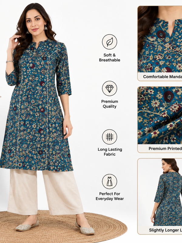 Women's Blue Bird Print Cotton A-Line Kurta