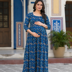 Women's Cotton Floral Maternity Feeding Dress with Zipper