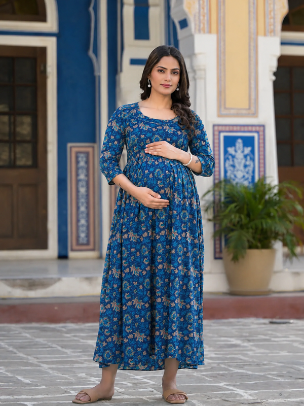 Women's Cotton Floral Maternity Feeding Dress with Zipper