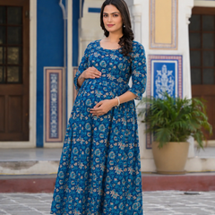 Women's Cotton Floral Maternity Feeding Dress with Zipper