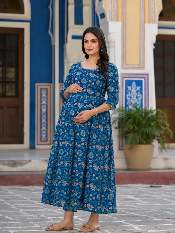 Women's Cotton Floral Maternity Feeding Dress with Zipper