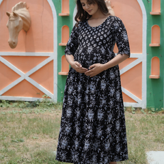 Women's Cotton Neck Black Floral Maternity Feeding Dress with Zipper