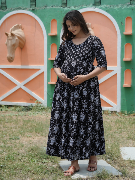 Women's Cotton Neck Black Floral Maternity Feeding Dress with Zipper