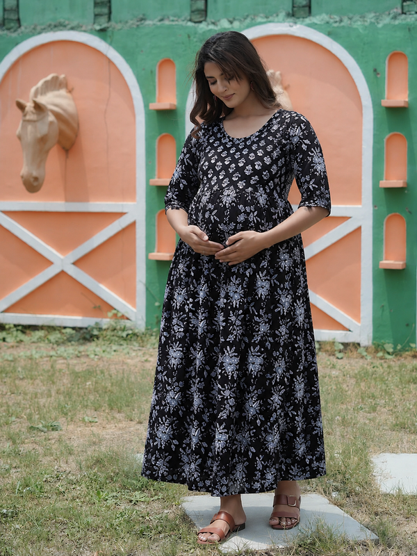 Women's Cotton Neck Black Floral Maternity Feeding Dress with Zipper