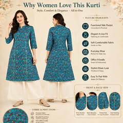 Women's Sky Blue Floral Print Cotton A-Line Kurta