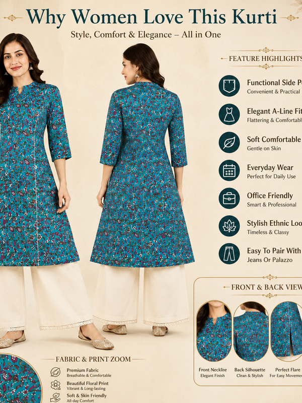 Women's Sky Blue Floral Print Cotton A-Line Kurta