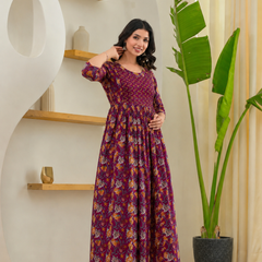 Women's Cotton Wine Floral Maternity Feeding Dress with Zipper