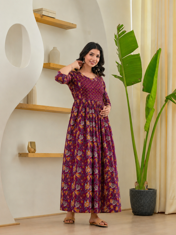 Women's Cotton Wine Floral Maternity Feeding Dress with Zipper