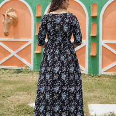 Women's Cotton Neck Black Floral Maternity Feeding Dress with Zipper