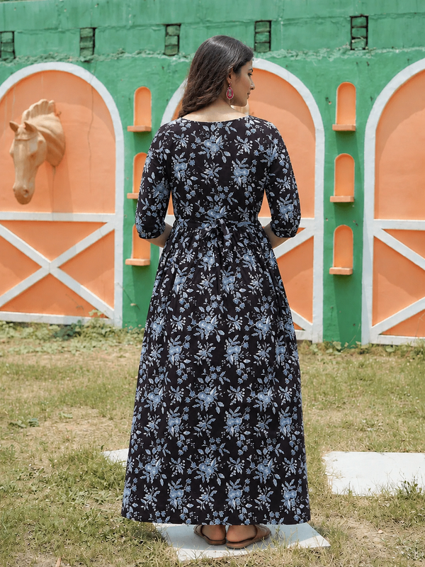 Women's Cotton Neck Black Floral Maternity Feeding Dress with Zipper