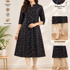 Women's Blue & Gold Floral Print Cotton A-Line Kurta