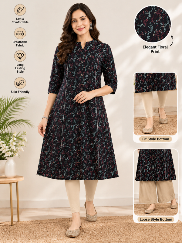 Women's Blue & Gold Floral Print Cotton A-Line Kurta