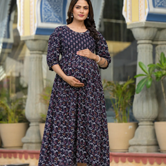 Women's Cotton Floral Maternity Feeding Dress with Zipper