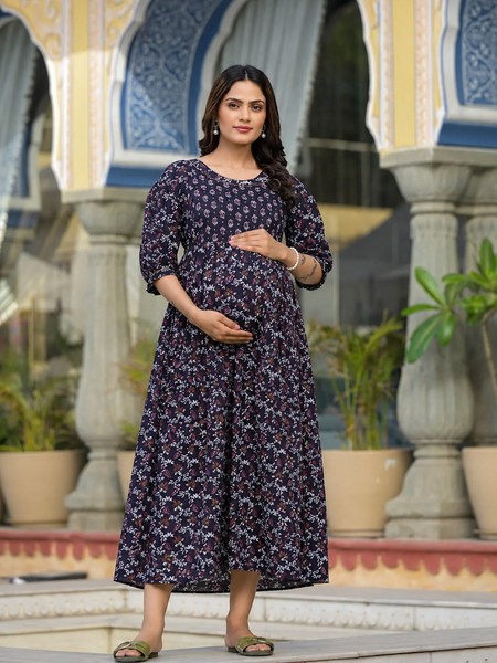 Women's Cotton Floral Maternity Feeding Dress with Zipper