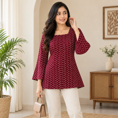 Maroon Bandhani Print Square Neck Short Kurti for Women