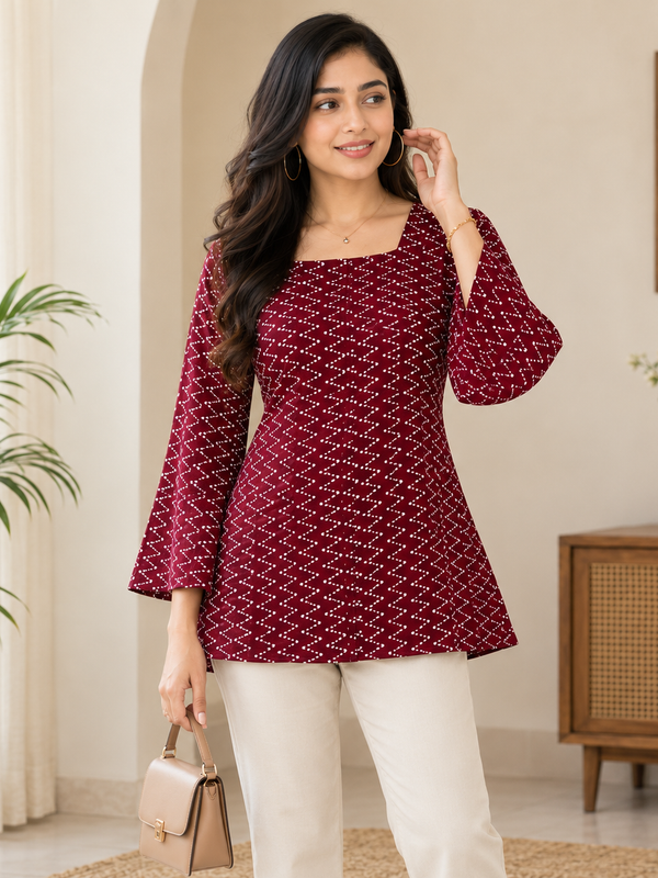 Maroon Bandhani Print Square Neck Short Kurti for Women