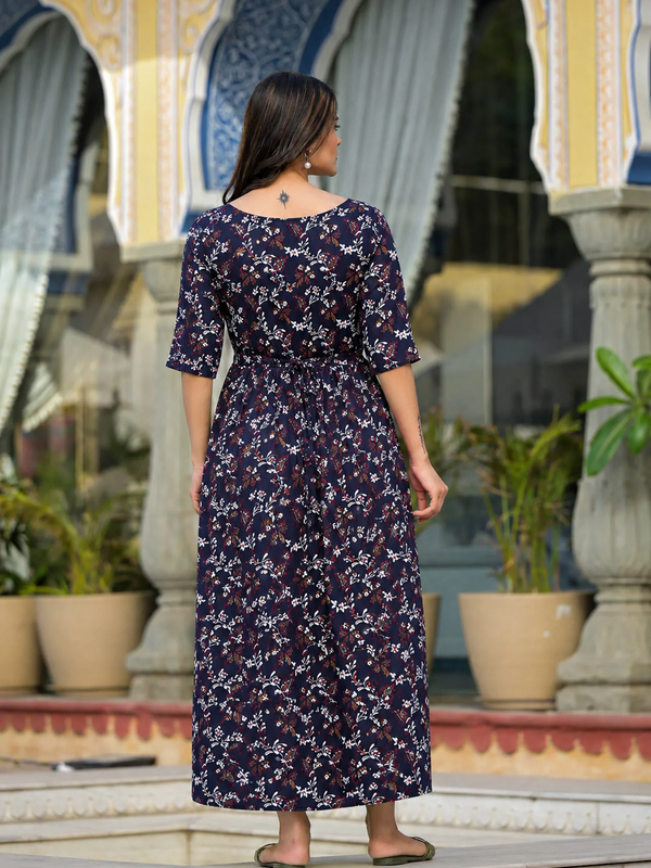 Women's Cotton Floral Maternity Feeding Dress with Zipper
