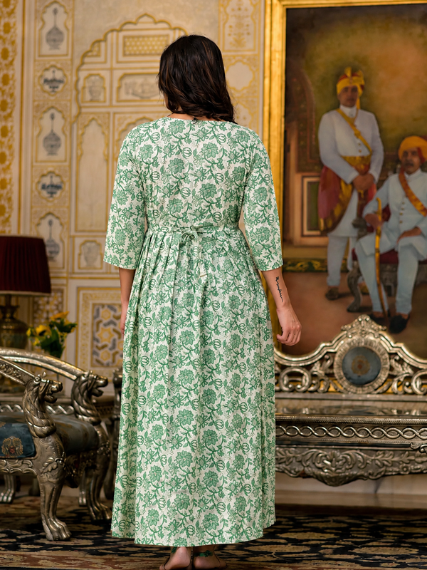 Women's Cotton Pista Green Floral Maternity Feeding Dress with Zipper