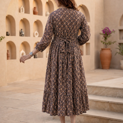Women's Coffee Cotton Floral Maternity Feeding Dress with Zipper