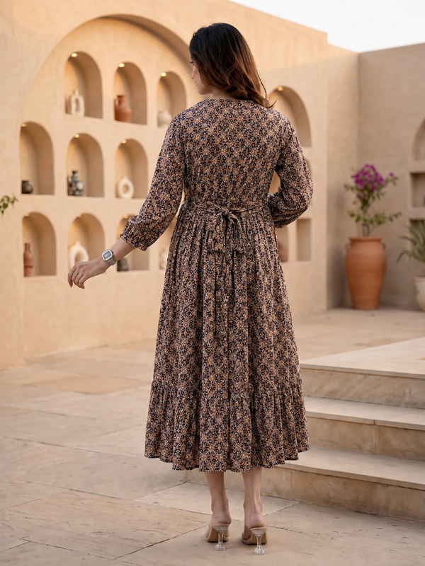 Women's Coffee Cotton Floral Maternity Feeding Dress with Zipper