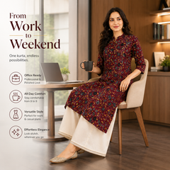 Women's Red Bird Print Cotton A-Line Kurta