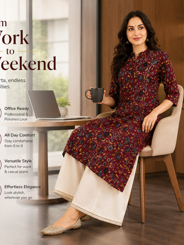 Women's Red Bird Print Cotton A-Line Kurta