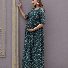 Women's Cotton Green Gold Floral Maternity Feeding Dress with Zipper
