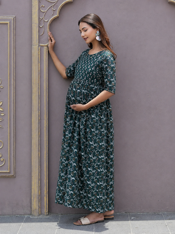 Women's Cotton Green Gold Floral Maternity Feeding Dress with Zipper