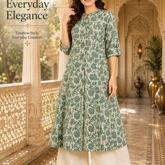 Women's Pista Green Floral Print Cotton A-Line Kurta