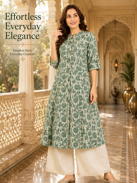 Women's Pista Green Floral Print Cotton A-Line Kurta